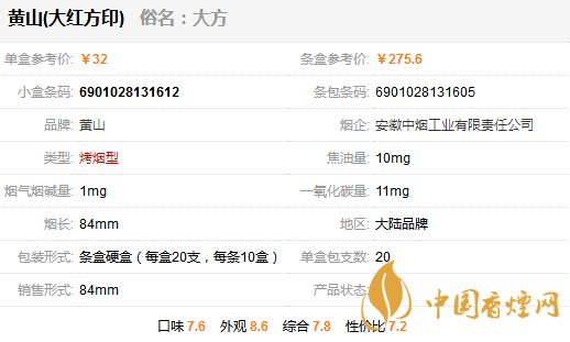 黃山大紅方印香煙價(jià)格 黃山大紅方印多少錢(qián)一盒